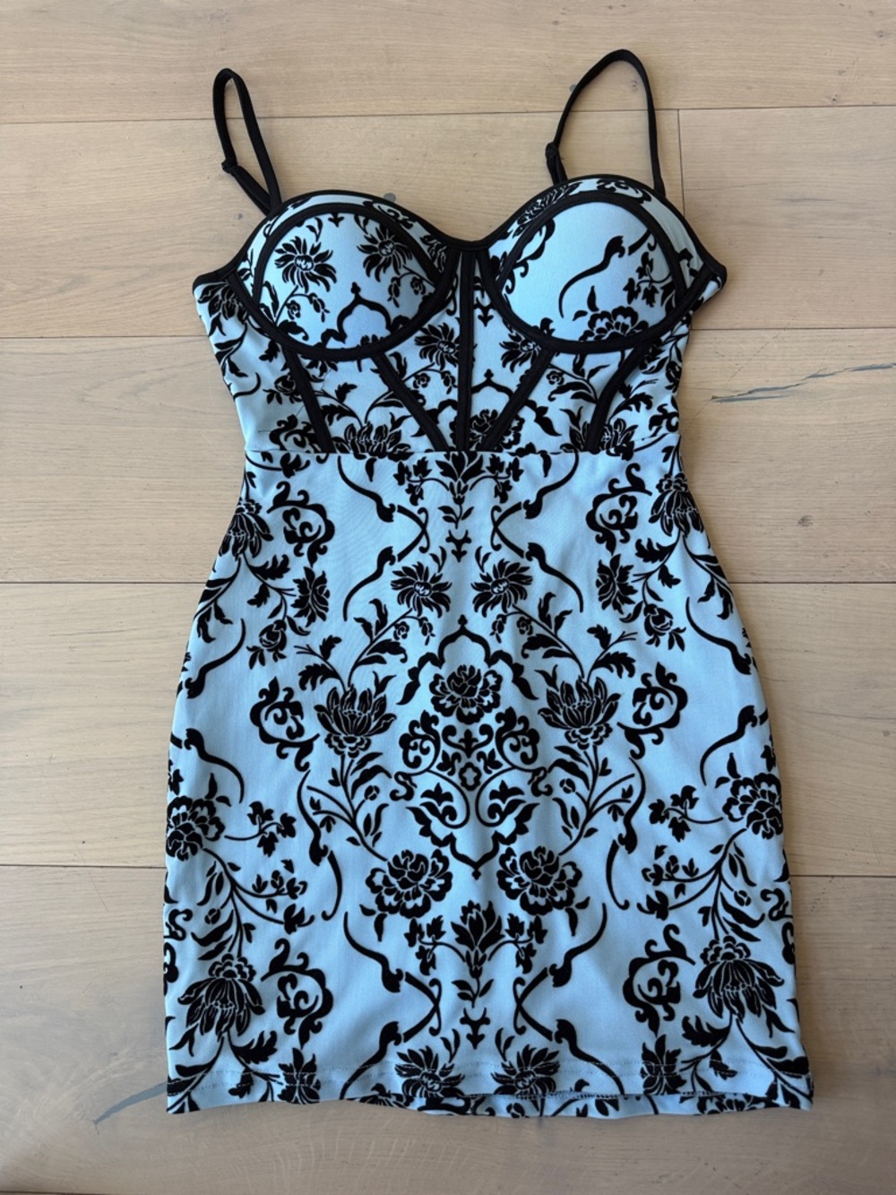 Windsor Baby Blue and Black Floral Velvet Burnout Mini Dress